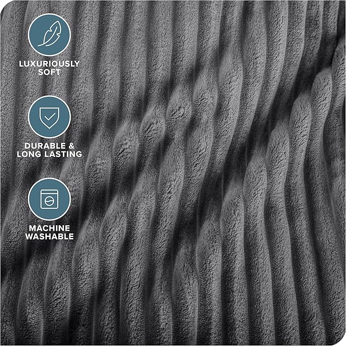 Bare Home Textured Fleece Blanket - Full/Queen - Ultra-Soft Lightweight for Bed, Sofa, and Couch - Luxury Microplush - Cozy Warm Blanket (Full/Queen, Ribbed Grey)