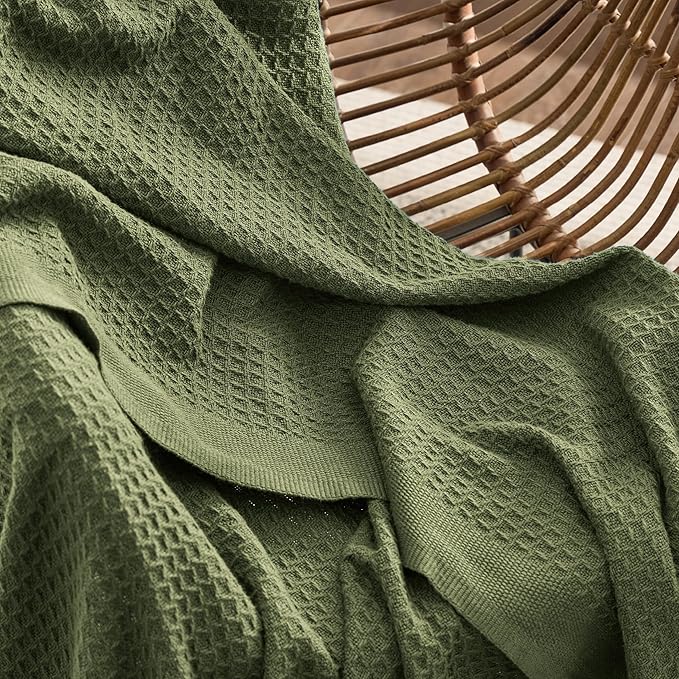 Bedsure Gentlesoft 100% Cotton Blanket Queen Size for Bed - Breathable and Soft, Thick Cozy Waffle Weave Christmas Blanket Gift for Women, Olive Green, 90x90 Inches