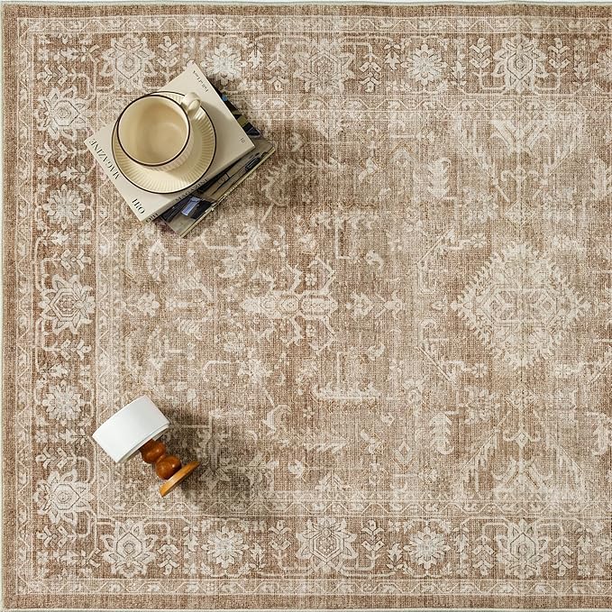 PureCozy 2x3 Brown Entryway Rug Vintage Area Carpet Indoor Kitchen Washable Door Mat Entrance Small Low Pile Traditional Distressed Retro Accent Throw Boho Rug Non Slip Office Bathroom