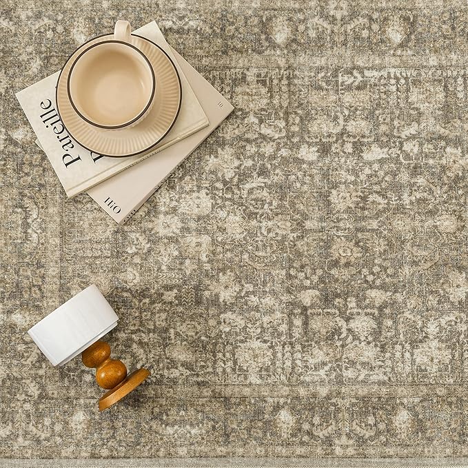 PureCozy Brown Area Rug 6x9 Machine Washable Vintage Living Room Distressed Non Slip Carpet Traditional Indoor Bedroom Retro Floral Accent Throw Large Rug for Office Kitchen Dining Room