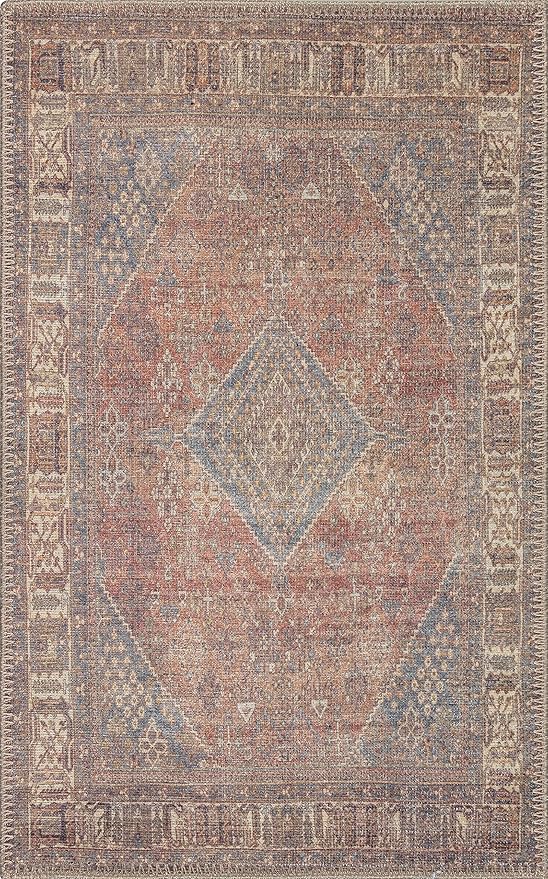 RugOver Machine Washable Area Rug, Pet-Friendly and Non-Slip Indoor Carpet for Kitchen, Bathroom, Living Room, Home Floor Decoration(Clay/Prussian, 2' x 3')