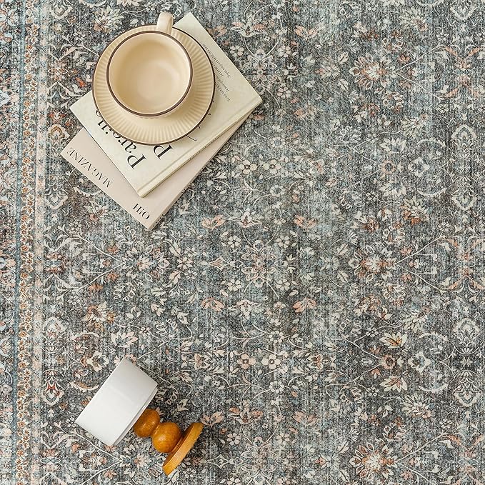 PureCozy Area Rug 5x7 Gray Living Room Washable Vintage Carpet Non Slip Indoor Retro Traditional Grey Accent Throw Large Rug for Office Kitchen Bedroom Dining Room