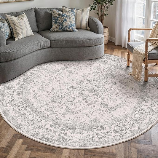 PureCozy Grey Round Area Rug 5ft Entryway Door Mat Small Circle 5x5 Kitchen Vintage Carpet Non Slip Indoor Bedroom Washable Distressed Floral Retro Accent Throw Rug Office Bathroom