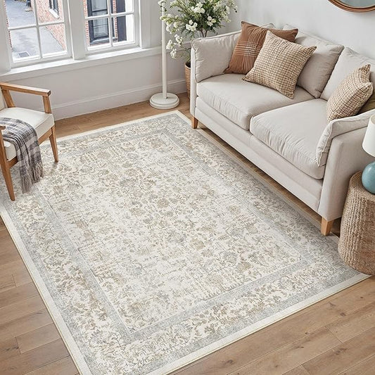 PureCozy Taupe Area Rug 4x6 Office Entryway Rug Machine Washable Kitchen Vintage Distressed Non Slip Carpet Indoor Retro Floral Accent Throw Door Mat for Bathroom Bedroom Dining Living Room