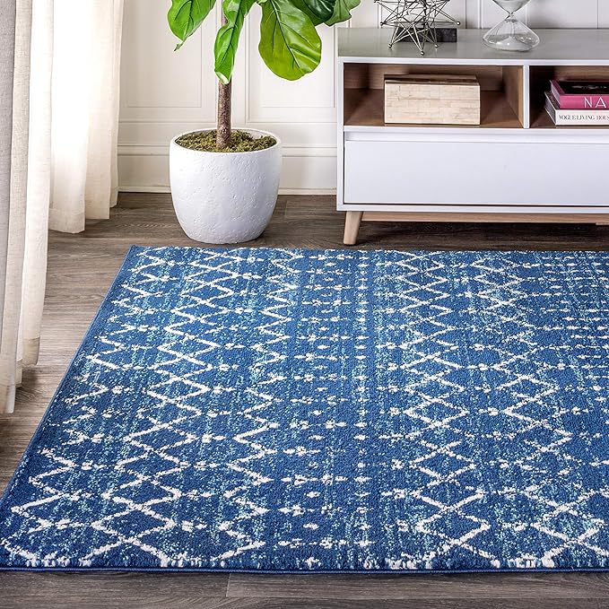 JONATHAN Y Boho Vintage Diamond Blue/White Indoor Area Rug 5X8 ft, Moroccan Hype for Living Room, Bedroom, Kitchen, Office, Easy-Cleaning, High Traffic, Pet-Friendly, Non-Shedding (MOH101A-5)