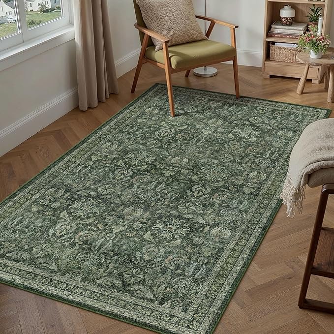 PureCozy Dark Green 3x5 Area Rug Washable Entryway Office Vintage Carpet Indoor Non Slip Small Low Plie Thin Bedroom Kitchen Rug Retro Accent Throw Living Dining Room Bathroom