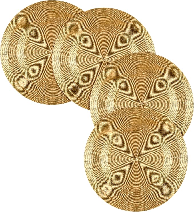 Farmhouse Beaded Placemats – Set of 4, 13" Round Handmade Charger Placemats, Black & Gold Multi, Hand-Beaded by Skilled Artisans, Elegant Table Décor