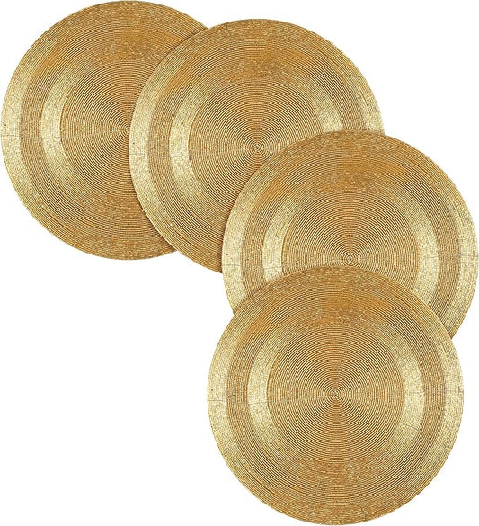 Farmhouse Beaded Placemats – Set of 4, 13" Round Handmade Charger Placemats, Black & Gold Multi, Hand-Beaded by Skilled Artisans, Elegant Table Décor