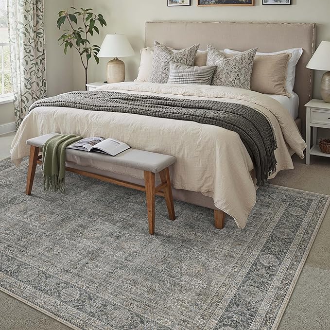 PureCozy Vintage Area Rug 6x9 Grey Brown Washable Living Room Large Carpet Non Slip Bedroom Indoor Office Low Pile Traditional Distressed Retro Accent Rug for Dining Room Kitchen