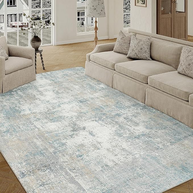 WondRg 6x9 Washable Area Rug Blue Cream Abstract Living Room Bedroom Carpet Neutral Modern Non-Slip Soft Low Pile Lightweight Vacuumable Throw Rug for Dining Room Kitchen