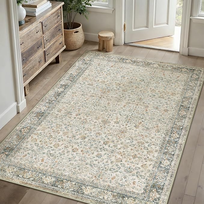 PureCozy Beige Area Rug 5x7 Living Room Machine Washable Vintage Carpet Non Slip Indoor Retro Traditional Accent Throw Large Rug for Office Kitchen Bedroom Dining Room