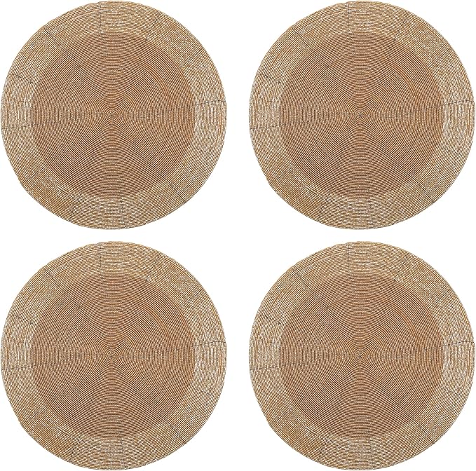 Beaded Placemats for Dining Table Dia 13 inches- Gold Tonal,Wire Beaded Placemats Round for Gathering, Thanksgiving - Occasional Decoration and Family Parties Celebrations.Set of 4