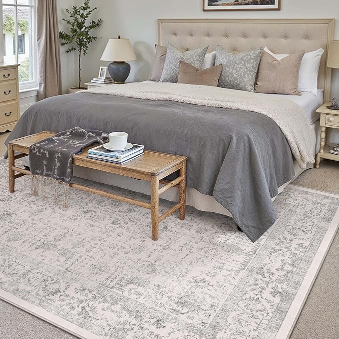 PureCozy Gray Area Rug 5x7 Machine Washable Vintage Living Room Distressed Non Slip Carpet Traditional Indoor Bedroom Grey Retro Floral Accent Throw Large Rug for Office Kitchen Bathroom Dining Room
