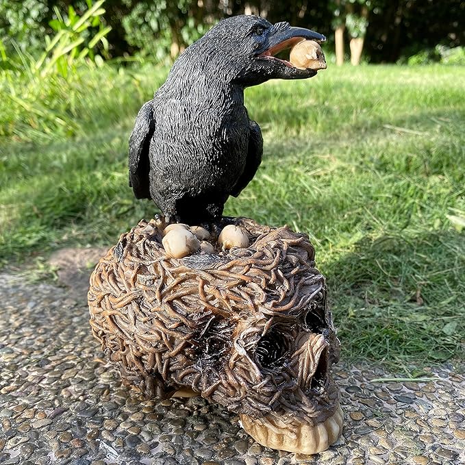 Halloween Decorative Black Crow On Withered Vine Skull Nest Teeming with Mini Skulls Statue Home Décor Gothic Raven Perching On Skeleton Figurine, Collectible Macabre Ossuary Sculpture