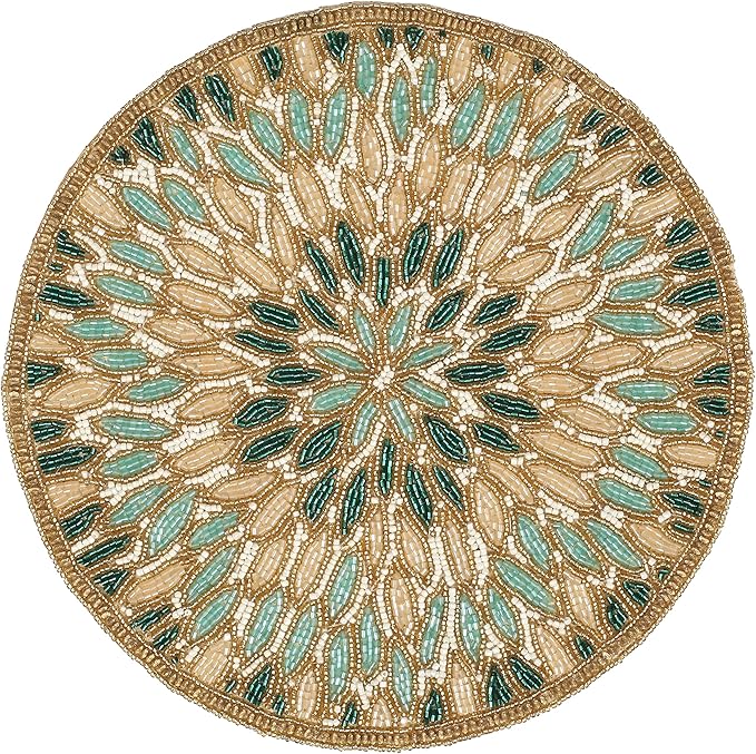Beaded Placemats – 13'' Round Floral Marigold Design in Gold & Green, Decorative Beaded Charger for Dining Table, Perfect for Holidays & Christmas Bedding Craft