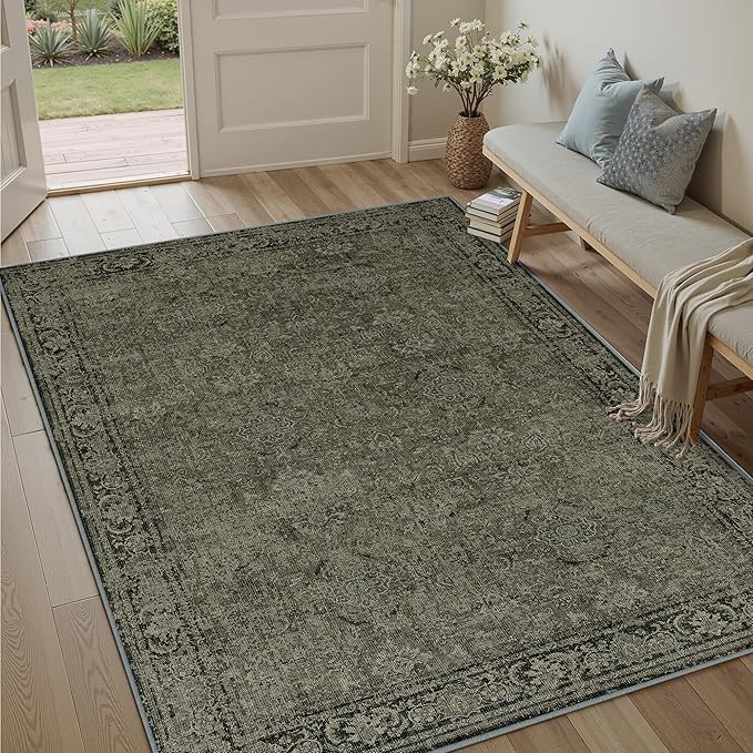 PureCozy Vintage Area Rug 5x7 Washable Olive Brown Living Room Carpet Large Indoor Non Slip Bedroom Low Pile Kitchen Distressed Retro Accent Throw Rug for Dining Room