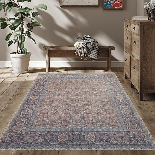 RugOver Machine Washable Area Rug, Pet-Friendly and Non-Slip Indoor Carpet for Kitchen, Bathroom, Living Room, Home Floor Decoration(Denim/Eggnog, 5'1" x 7'5")