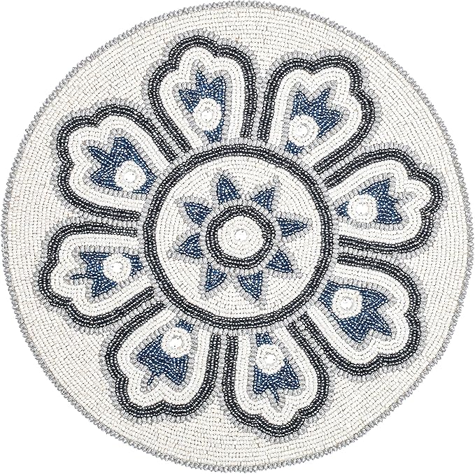 Round White & Grey Silver Beaded Placemats - 13 in Round, Perfect for Dining Table, Ideal for Holidays & Christmas, Glitz Charger Included