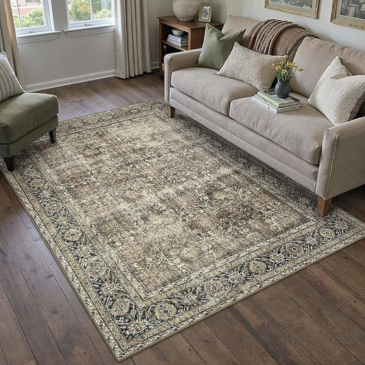 PureCozy Vintage Area Rug 4x6 Brown Entryway Office Washable Carpet Non Slip Bedroom Indoor Living Room Door Mat Low Pile Traditional Distressed Retro Accent Rug for Dining Room Bathroom Kitchen