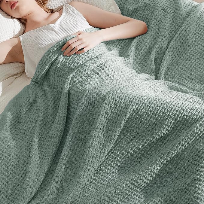 Bedsure Gentlesoft 100% Cotton Blanket King Size for Bed - Breathable and Soft, Thick Cozy Waffle Weave Christmas Blanket Gift for Women, Sage Green, 104x90 inches