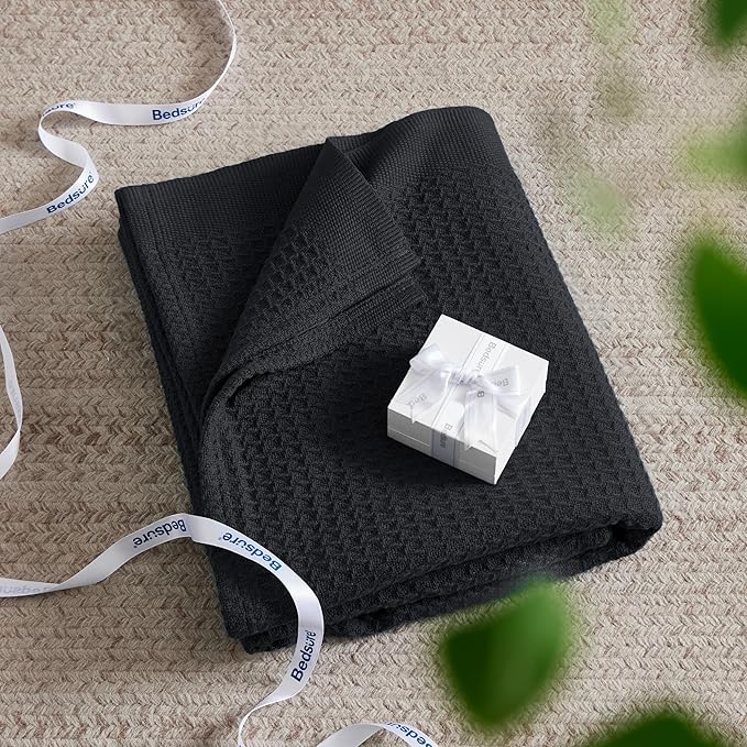 Bedsure Gentlesoft 100% Cotton Large Throw Blanket for Couch 50x70 inches - Breathable and Soft for Spring Summer, Waffle Weave Throw Blanket for Office, Black