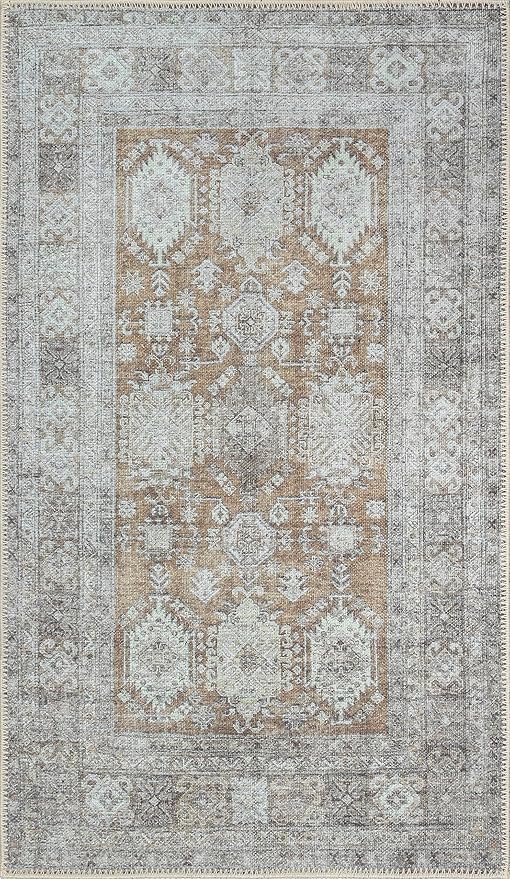 RugOver Machine Washable Area Rug, Pet-Friendly and Non-Slip Indoor Carpet for Kitchen, Bathroom, Living Room, Home Floor Decoration(Ivory/Walnut, 3' x 5')