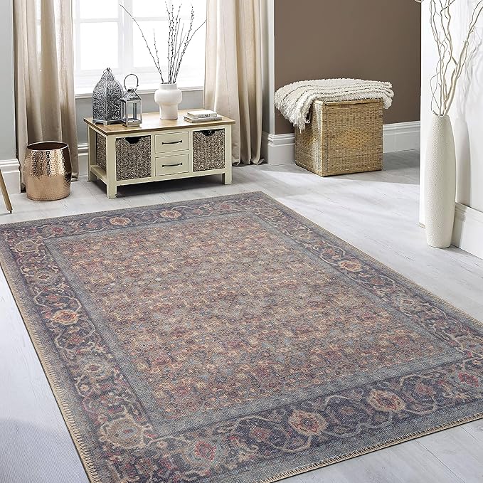 RugOver Machine Washable Area Rug, Pet-Friendly and Non-Slip Indoor Carpet for Kitchen, Bathroom, Living Room, Home Floor Decoration(Denim/Eggnog, 5'1" x 7'5")