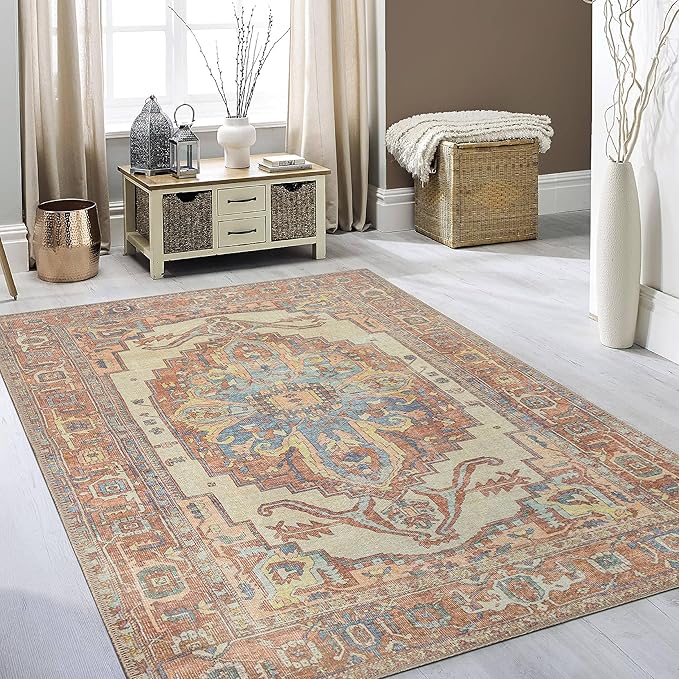 RugOver Machine Washable Area Rug, Pet-Friendly and Non-Slip Indoor Carpet for Kitchen, Bathroom, Living Room, Home Floor Decoration(Ethnic Style Color, 5'1" x 7'5")