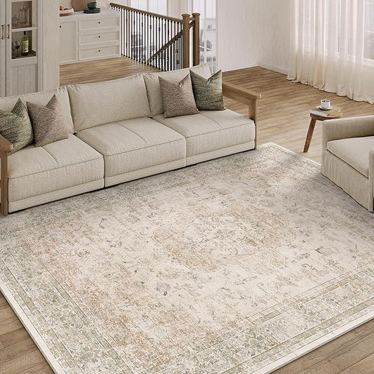 PureCozy 6x9 Washable Area Rug Beige Vintage Distressed Large Rug for Living Room Oriental Soft Thin Indoor Retro Carpet Non Slip Low Pile Floor Cover for Bedroom Dining Room Office Nursery