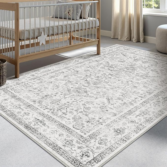 PureCozy Grey 4x5 Entryway Rug Vintage Area Carpet Indoor Kitchen Washable Neutral Door Mat Entrance Small Low Pile Traditional Distressed Gray Retro Accent Throw Rug Non Slip Office Bathroom