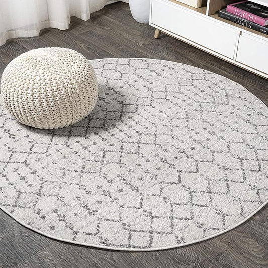 JONATHAN Y Boho Vintage Diamond Cream/Gray Round Area Rug 5 ft, Moroccan Hype for Living Room, Bedroom, Kitchen, Office, Easy-Cleaning, High Traffic, Pet-Friendly, Non-Shedding (MOH101B-5R)