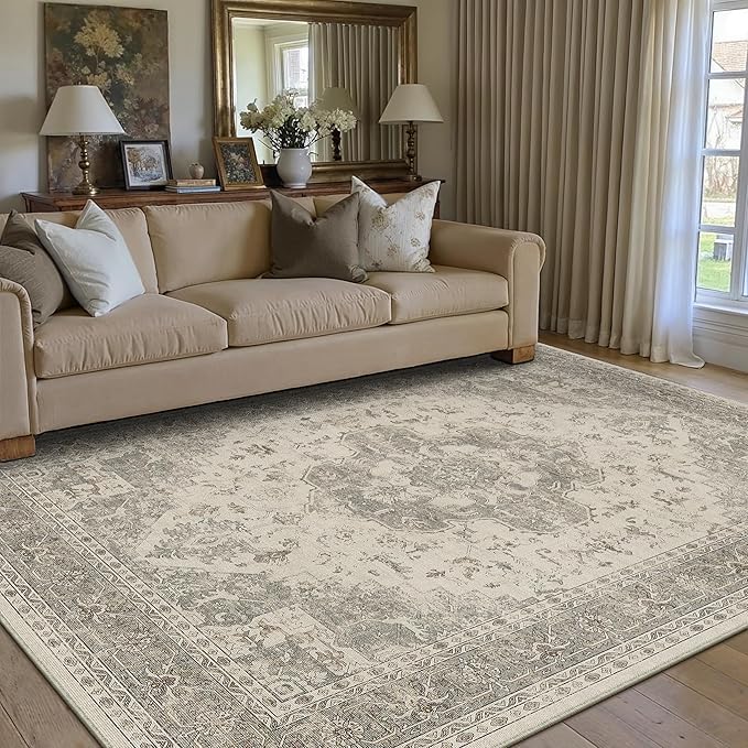 PureCozy 5x7 Washable Area Rug Beige Grey Vintage Distressed Rug for Office Oriental Soft Thin Indoor Retro Gray Carpet Non Slip Low Pile Floor Cover for Living Ding Room Bedroom Laundry Dorm