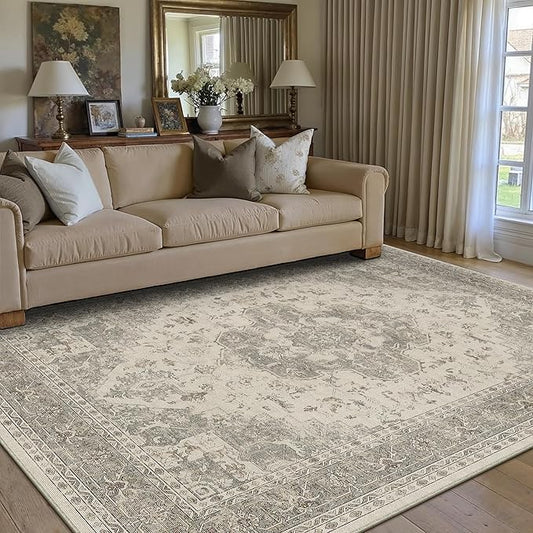 PureCozy 5x7 Washable Area Rug Beige Grey Vintage Distressed Rug for Office Oriental Soft Thin Indoor Retro Gray Carpet Non Slip Low Pile Floor Cover for Living Ding Room Bedroom Laundry Dorm