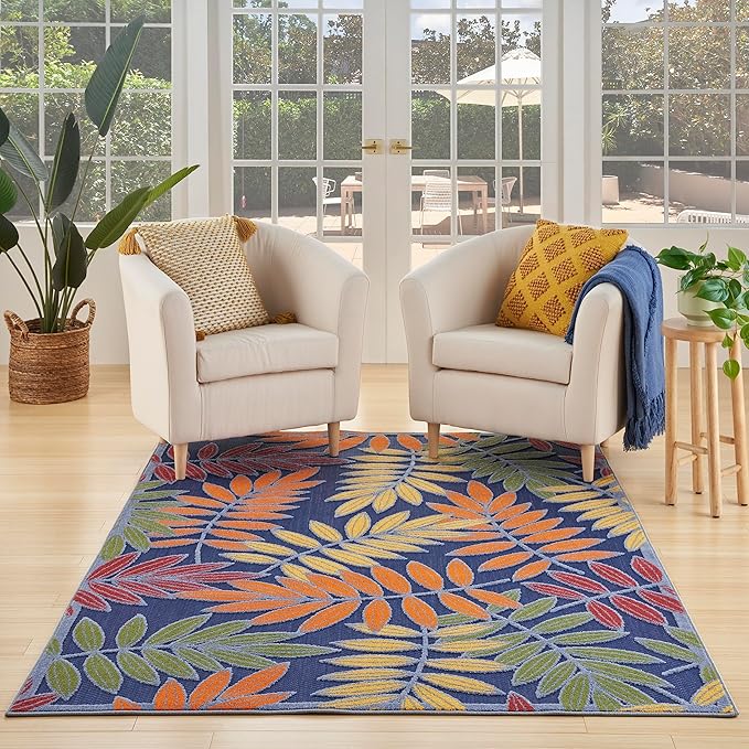 Nourison Home Aloha Navy Multicolor 5'3" x 7'5" Area Rug - Easy Clean, Non Shedding, Bed Room, Living Room, Dining Room, Kitchen (5' x 8')