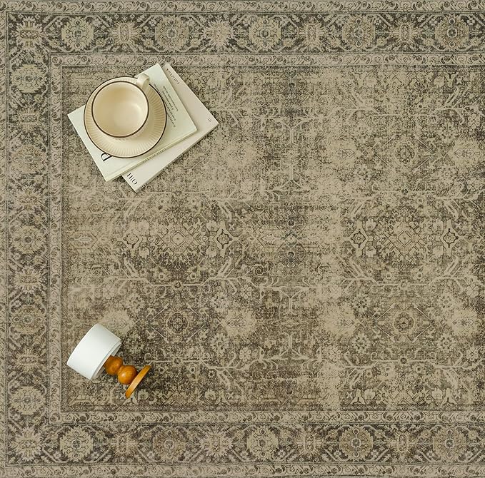 PureCozy Light Brown 2x6 Vintage Area Rug Hallway Indoor Kitchen Washable Living Room Carpet Tribal Distressed Rug Retro Accent Throw Rug for Office Dining Room Bathroom Faux Wool