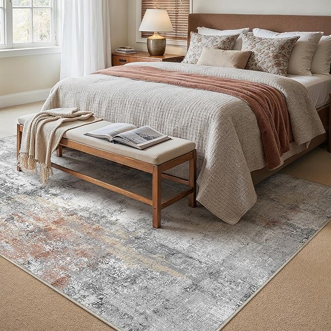 WondRg 5x7 Washable Area Rug Grey Rust Abstract Living Room Bedroom Carpet Neutral Modern Non-Slip Soft Low Pile Lightweight Vacuumable Throw Rug for Dining Room Entryway