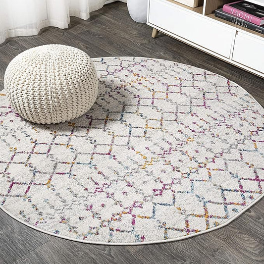 JONATHAN Y Boho Vintage Diamond Ivory/Multi Round Area Rug 5 ft, Moroccan Hype for Living Room, Bedroom, Kitchen, Office, Easy-Cleaning, High Traffic, Pet-Friendly, Non-Shedding (MOH101E-5R)