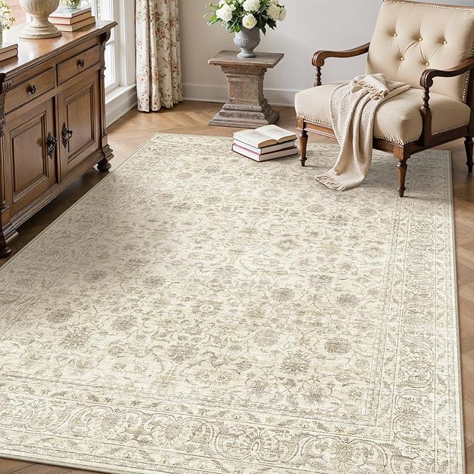 PureCozy 3x5 Area Rug Machine Washable Entryway Office Vintage Distressed Non Slip Carpet Indoor Small Low Plie Thin Beige Bedroom Kitchen Retro Accent Throw Rug Door Mat Entrance Bathroom Living Room