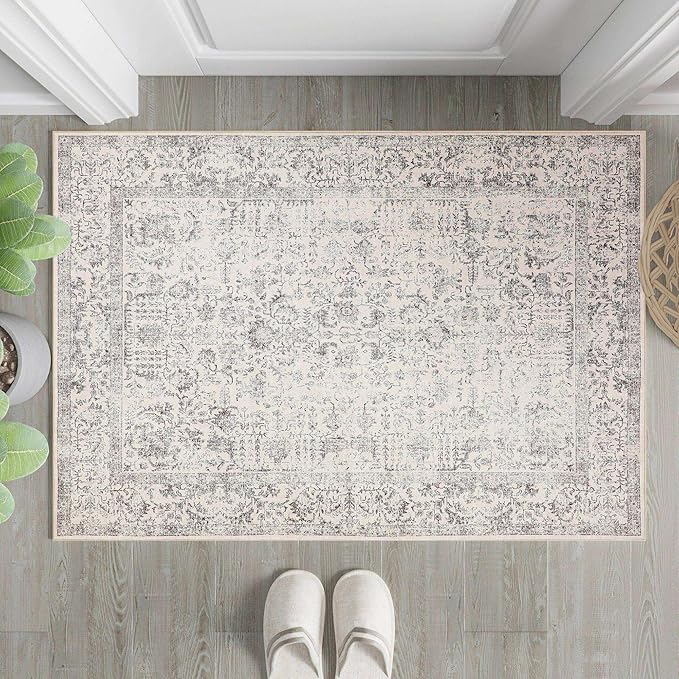 PureCozy Gray Entryway Area Rug 2x3 Door Mat Machine Washable Kitchen Vintage Distressed Non Slip Carpet Indoor Grey Retro Floral Accent Throw Small Rug for Bathroom Office Bedroom Dining Living Room