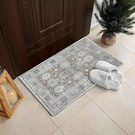 RugOver Machine Washable Area Rug, Pet-Friendly and Non-Slip Indoor Carpet for Kitchen, Bathroom, Living Room, Home Floor Decoration(Ivory/Walnut, 2' x 3')