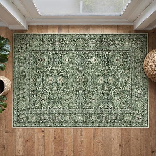 PureCozy Green Area Rug 2x3 Entryway Washable Soft Carpet Vintage Non Slip Indoor Kitchen Entrance Door Mat Traditional Retro Distressed Small Thicker Throw Rug Bathroom Laundry Bedroom