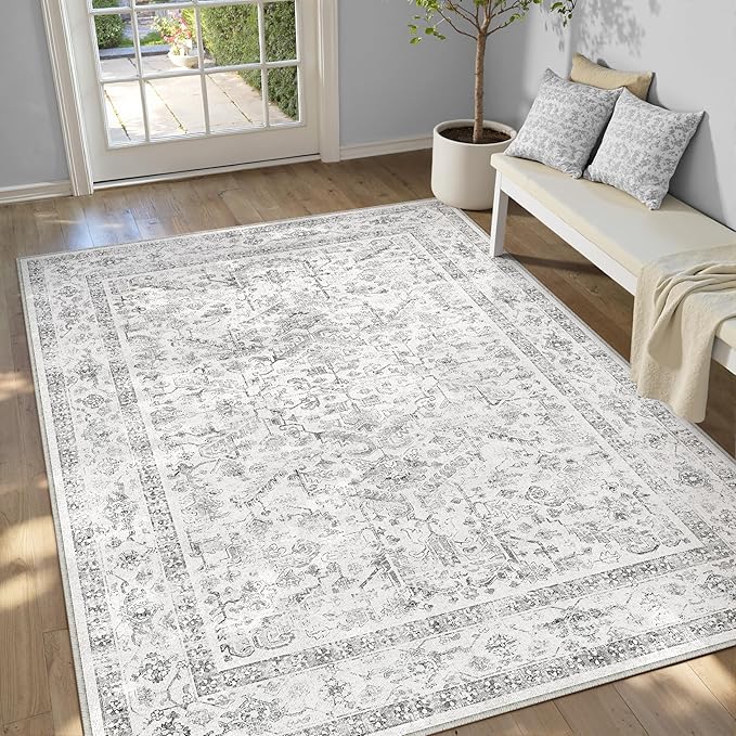 PureCozy Grey 5x8 Area Rug Vintage Washable Living Room Carpet Non Slip Neutral Bedroom Indoor Office Low Pile Traditional Distressed Retro Gray Accent Rug for Dining Room Bathroom Kitchen