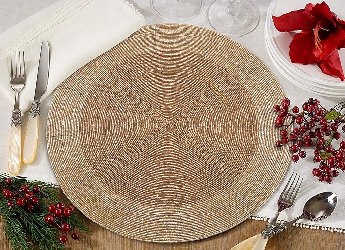 Beaded Placemats for Dining Table Dia 13 inches- Gold Tonal,Wire Beaded Placemats Round for Gathering, Thanksgiving - Occasional Decoration and Family Parties Celebrations.Set of 4