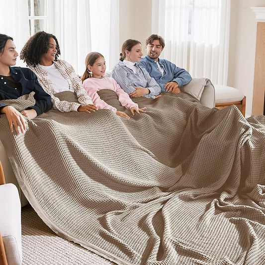 Bedsure Gentlesoft 100% Cotton Large Blanket Oversized King for Bed - Breathable Thick Waffle Weave Blanket for Summer, Couch Cover, Light Brown, 120x94 inches
