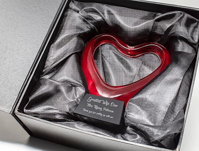 Personalized 6.5" Red Glass Heart Award, Custom Engraved Decorative Heart-Shaped Glass Award Statue for Appreciation, Recognition, Grattitude