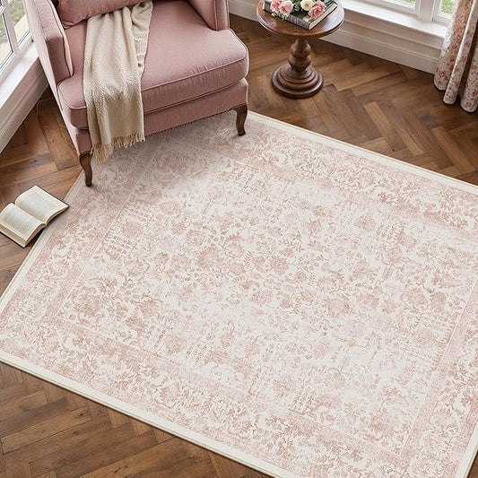 PureCozy Pink Area Rug 4x5 Office Entryway Rug Machine Washable Kitchen Vintage Distressed Non Slip Carpet Indoor Retro Floral Accent Throw Door Mat for Bathroom Bedroom Dining Living Room