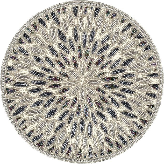 Beaded Charger 13" Round Floral Marigold - Silver Dark Grey Placemat for Dining Table, Holiday & Christmas
