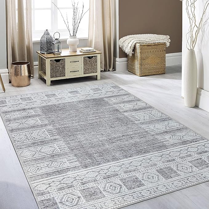 RugOver Machine Washable Area Rug, Pet-Friendly and Non-Slip Indoor Carpet for Kitchen, Bathroom, Living Room, Home Floor Decoration(Charcoal/White, 3' x 5')