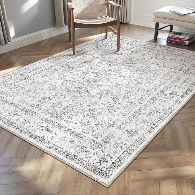 PureCozy Grey 4x5 Entryway Rug Vintage Area Carpet Indoor Kitchen Washable Neutral Door Mat Entrance Small Low Pile Traditional Distressed Gray Retro Accent Throw Rug Non Slip Office Bathroom