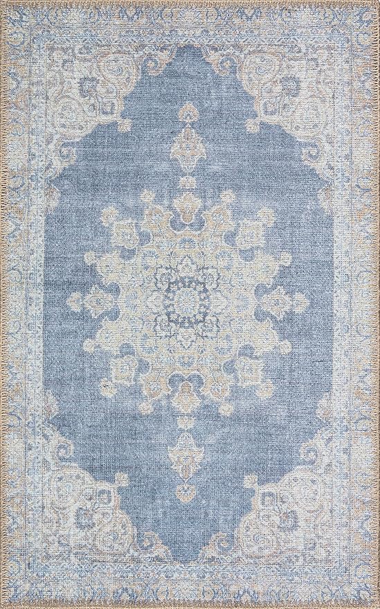 RugOver Machine Washable Area Rug, Pet-Friendly and Non-Slip Indoor Carpet for Kitchen, Bathroom, Living Room, Home Floor Decoration (Blue Jean/Peanut, 2' x 3')